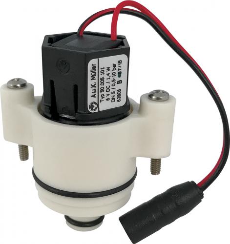 Black solenoid valve with white cylindrical body, red and black wires, and two metal mounting bolts.