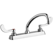 Chrome deck-mounted faucet with two white lever handles and an arching swing spout.