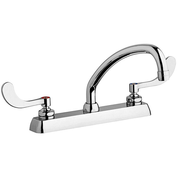 Chrome deck-mounted faucet with two white lever handles and an arching swing spout.