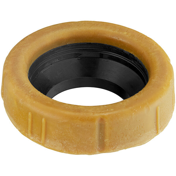 Yellow wax ring with black plastic horn insert for toilet flange installation.