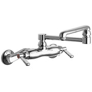 Chrome deck-mounted faucet with dual lever handles and curved spout arm.