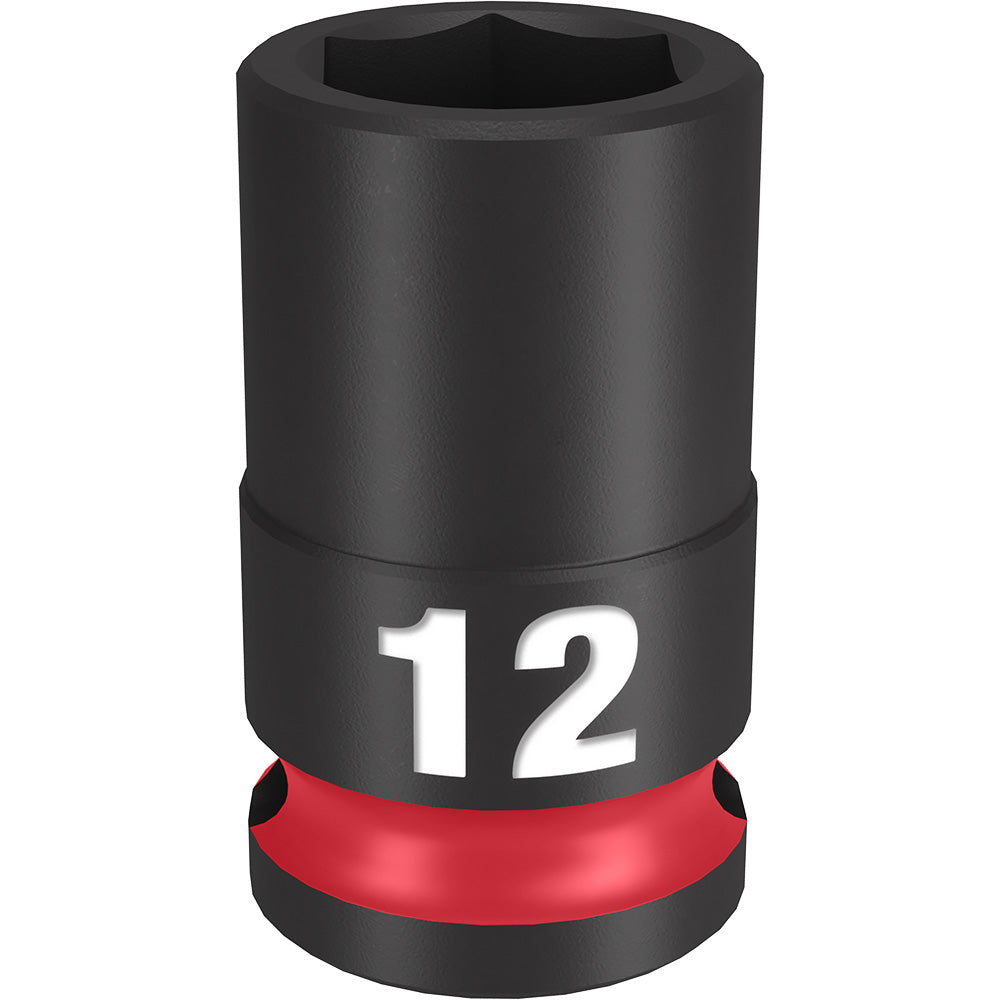 Black impact socket with 12MM marking and red band at base, hexagonal opening on top.