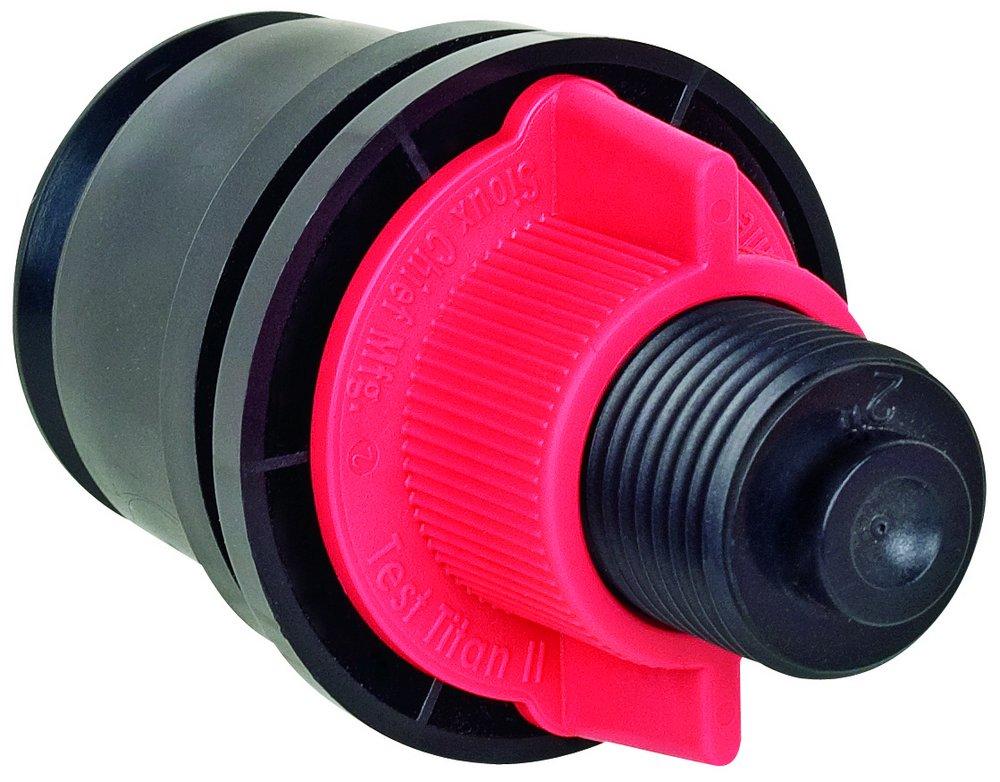 3.5 inch test plug with bright pink center body, black threaded cap, and gray rubber sealing rings stacked together.