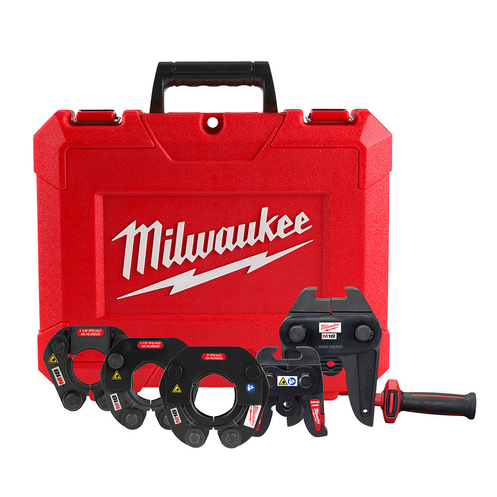 Red Milwaukee carrying case with black press ring heads, adapter jaw, and manual tool for FORCE LOGIC press system.