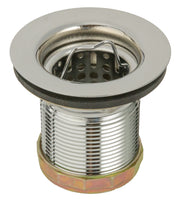 Chrome bar sink strainer with deep cup design, perforated stainless steel basket, and rubber gasket seal.