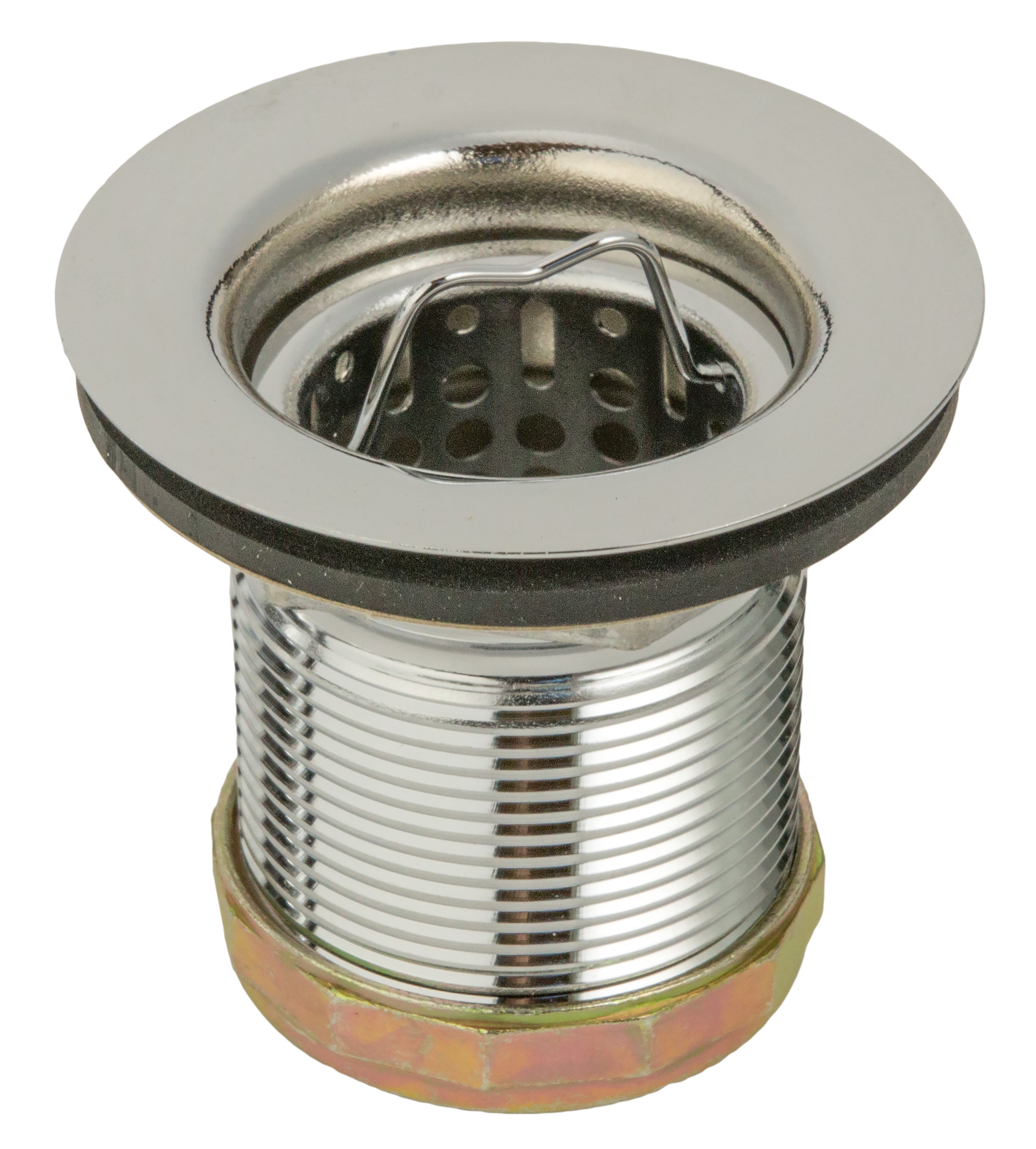 Chrome bar sink strainer with deep cup design, perforated stainless steel basket, and rubber gasket seal.