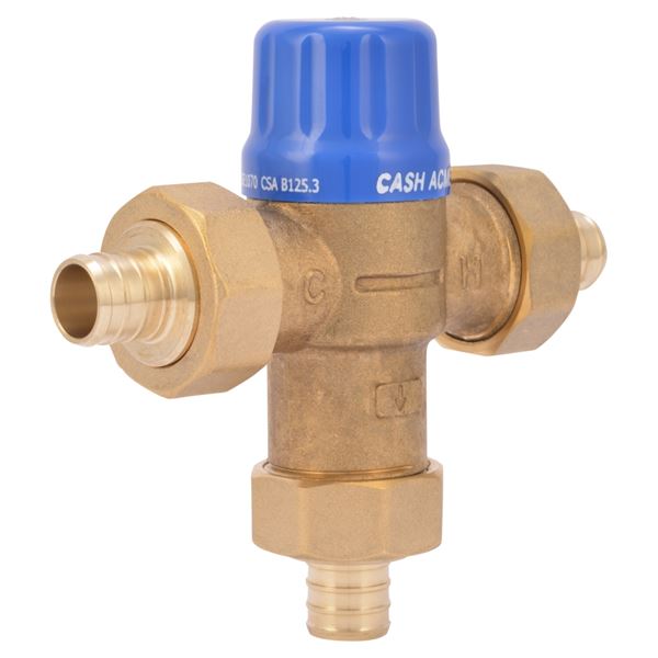 Brass thermostatic mixing valve with blue cap and barbed connection ports.