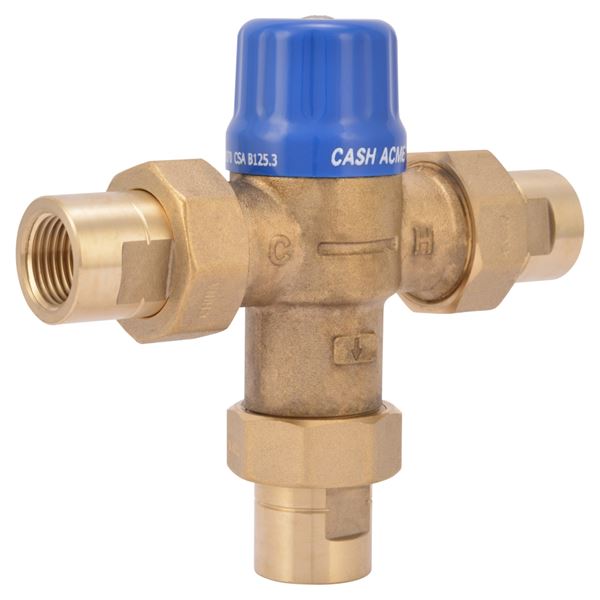 Brass mixing valve with blue cap and three NPT ports for water line connections.