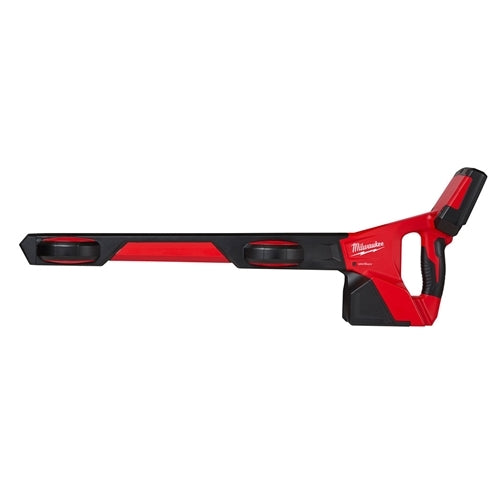 Red and black M12 pipeline locator with long horizontal detection rod and ergonomic handle grip.