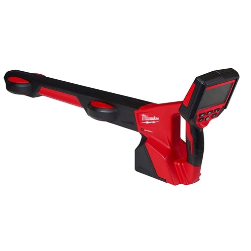 Milwaukee M12 pipeline locator with red and black housing, digital display screen, and long detection wand.