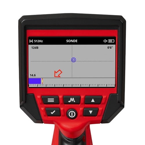 Milwaukee M12 pipeline locator with red and black handheld display screen showing sonde detection interface.