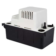 White and black automatic condensate removal pump with slotted motor housing, black collection basin, and outlet spout.