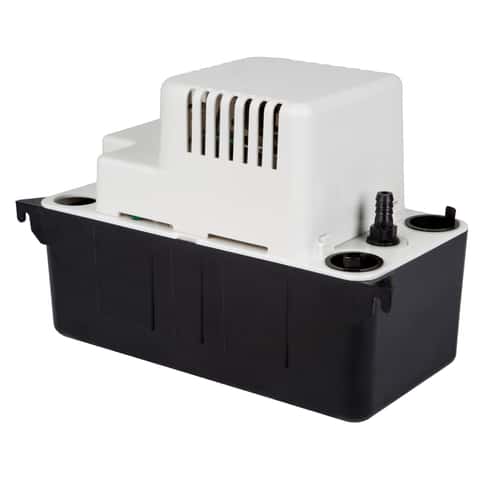 White and black automatic condensate removal pump with vented motor housing and drainage outlets.