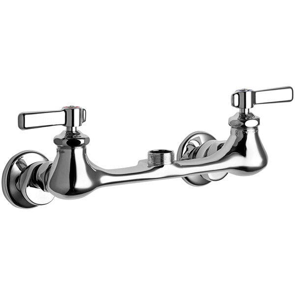 Chrome wall-mounted faucet with two lever handles and center adjustment, spout not included.