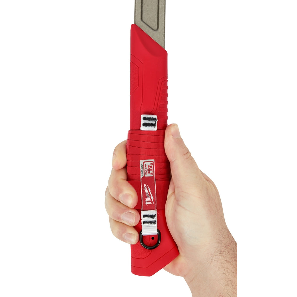 Five red web attachment straps with D-ring hardware and white webbing bands, held in hand.