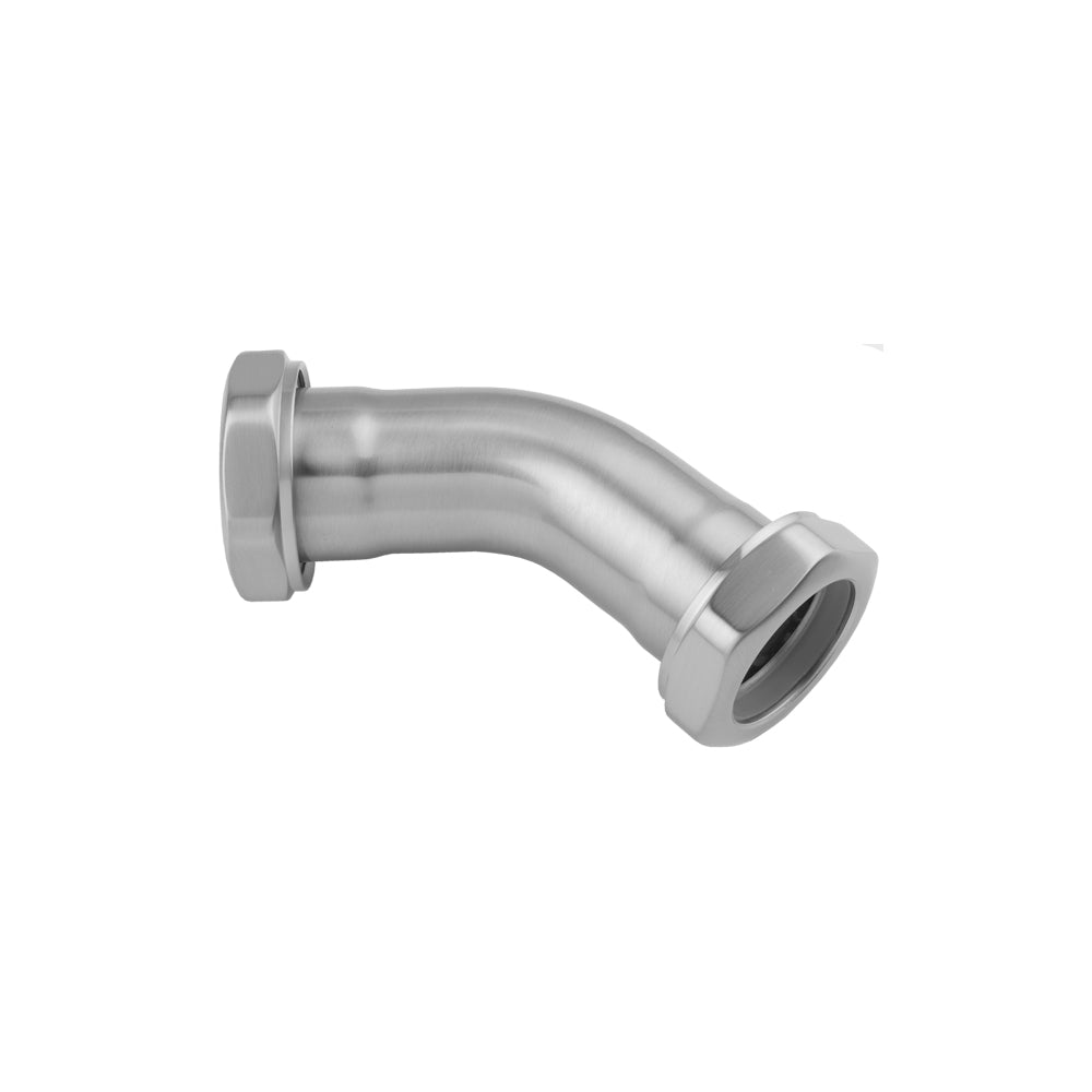 Polished nickel tubular 45-degree elbow connector with 1 1/4" ports on each end.