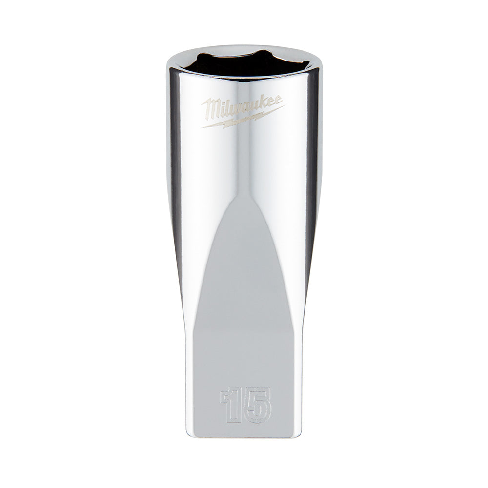 Chrome socket with hexagonal opening and "15" marking stamped on base; Milwaukee logo etched on top.