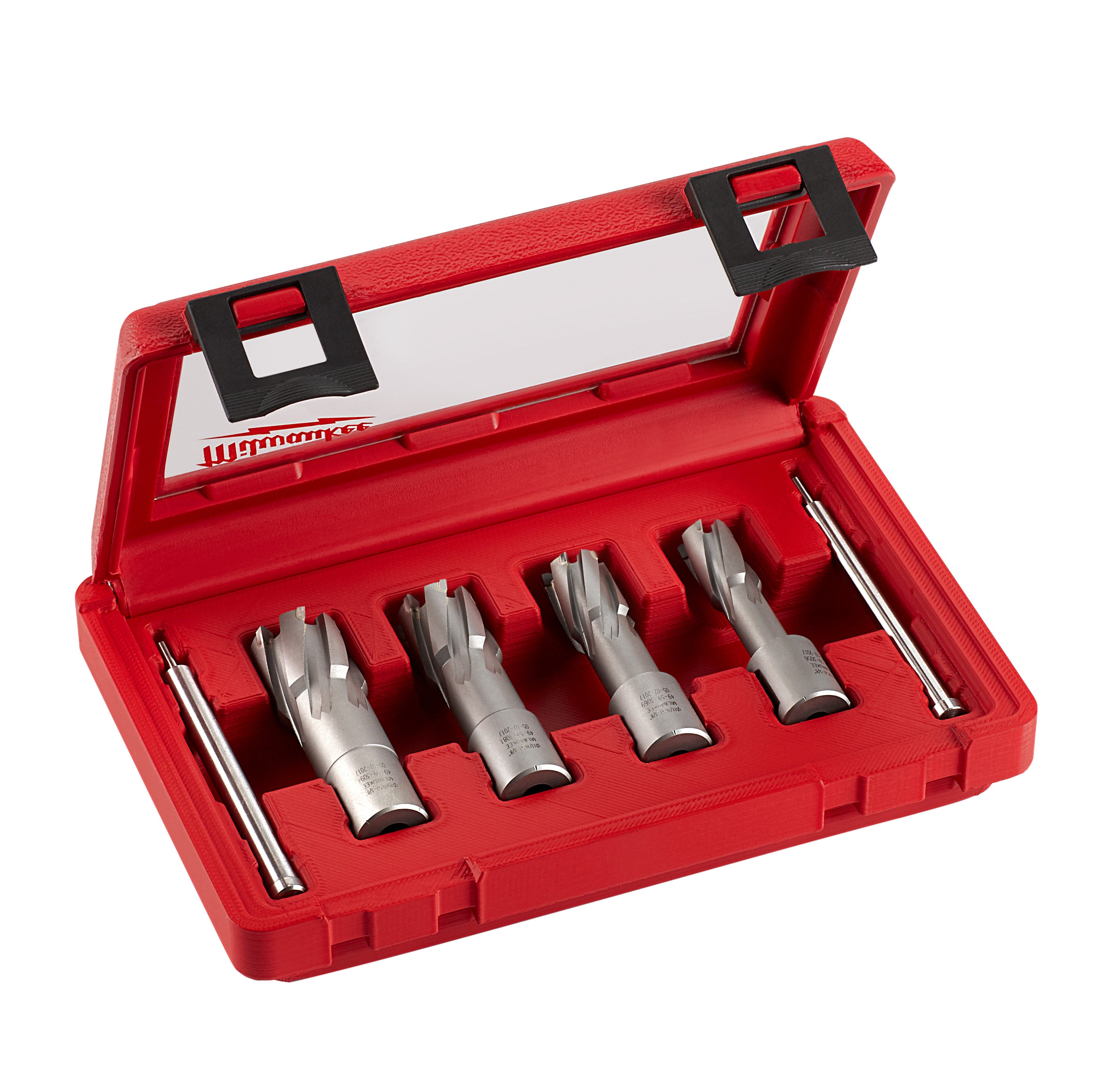 Four metal annular cutters with fluted cutting edges and a metal arbor in a red plastic case with black latches.