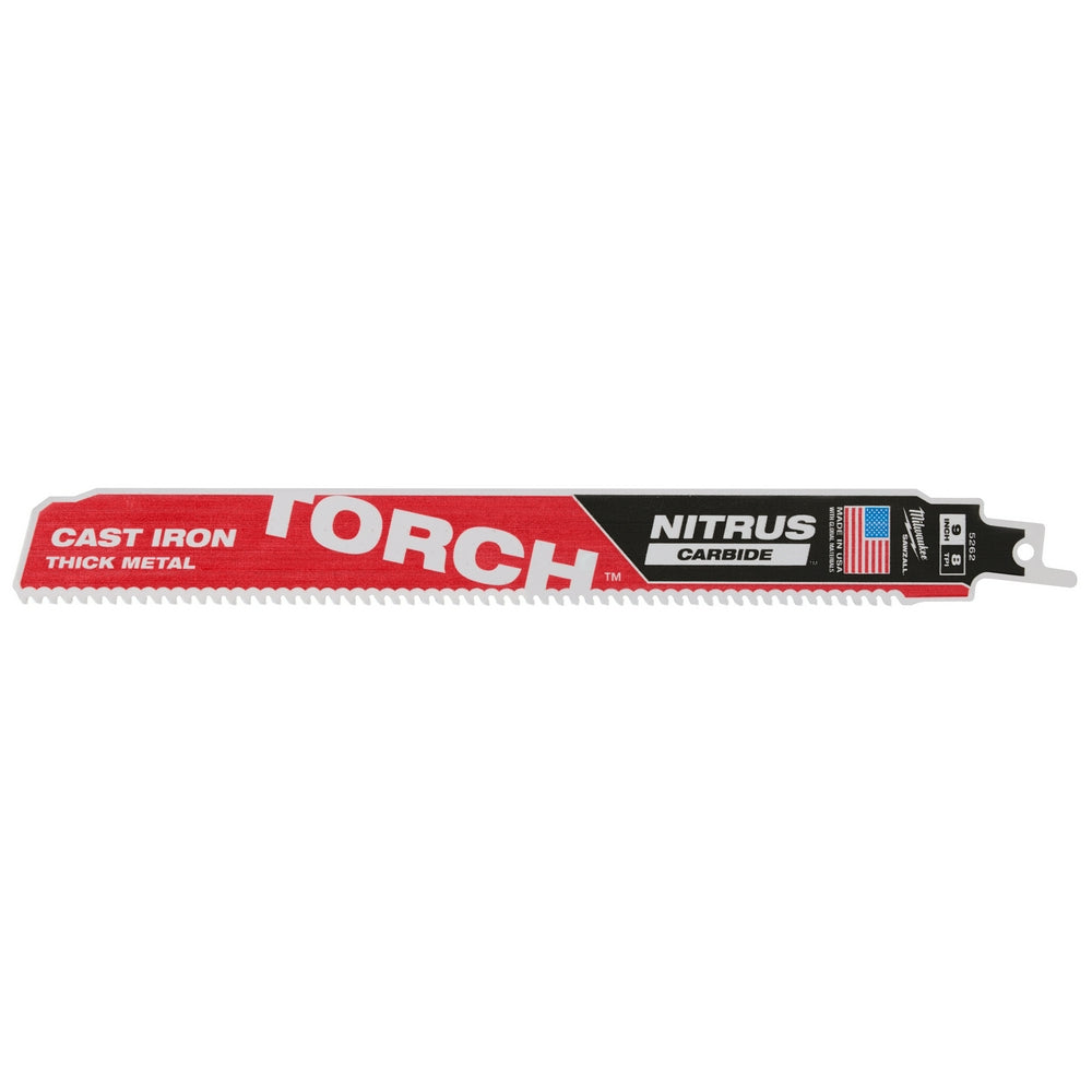 Milwaukee Torch Sawzall blade with red and black packaging labeled "Cast Iron Thick Metal" and "Nitrus Carbide."