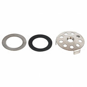 Metal and rubber drain plate assembly with gasket and perforated strainer component.