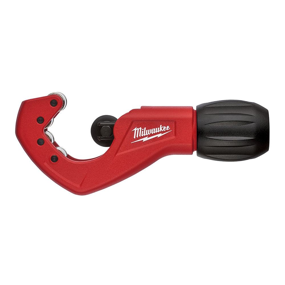 Red and black Milwaukee copper tubing cutter with curved cutting head and black grip handle.