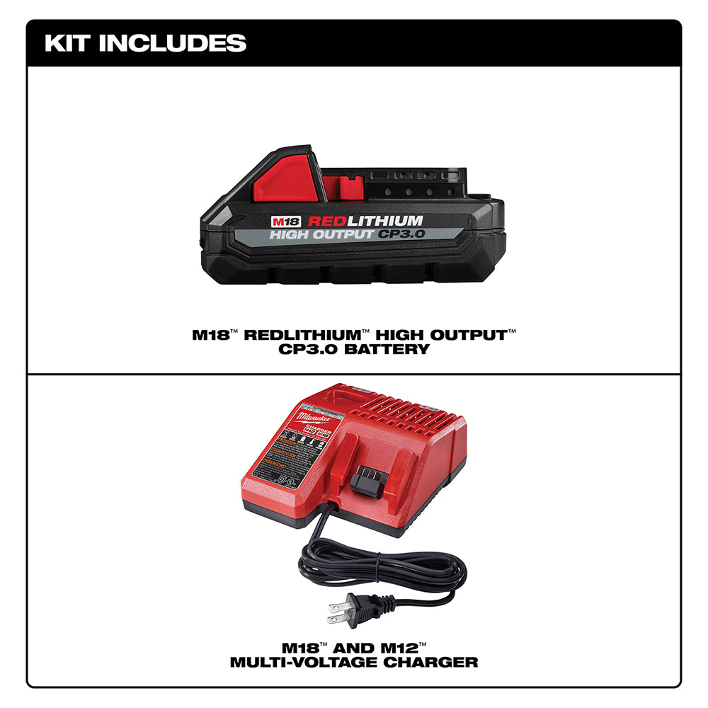 M18 REDLITHIUM HIGH OUTPUT CP3.0 battery and multi-voltage charger with power cord included in starter kit.