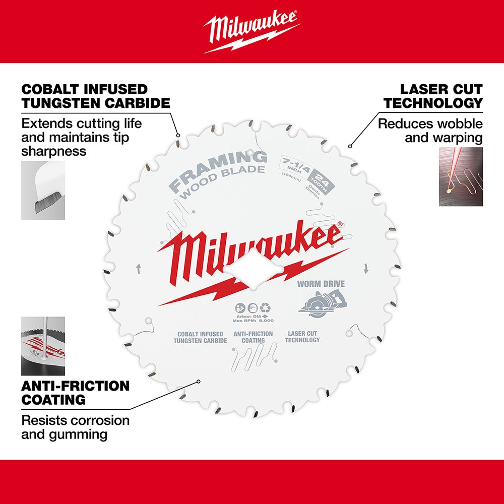 Milwaukee 48-41-0723 7-1/4 in. 24T Worm Drive Framing Circular Saw Blade - 5 Pack