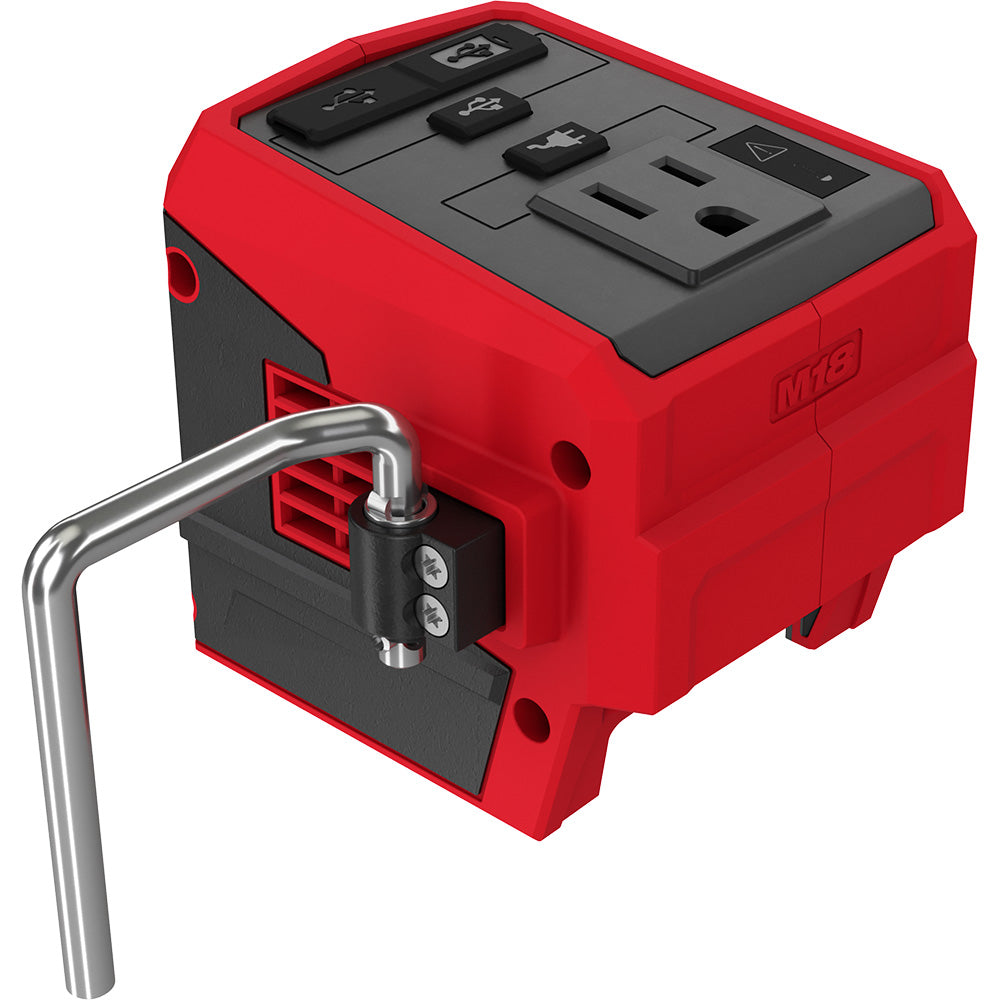 Red and black Milwaukee M18 power supply with control panel, outlets, and attached metal cord connector.
