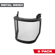 Black metal mesh face shield with curved design and mounting clips for no-brim helmet attachment.