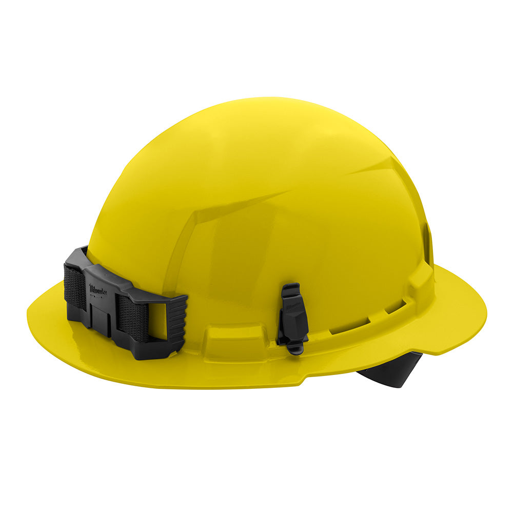 Yellow full brim hard hat with black ratcheting suspension system and front attachment points.