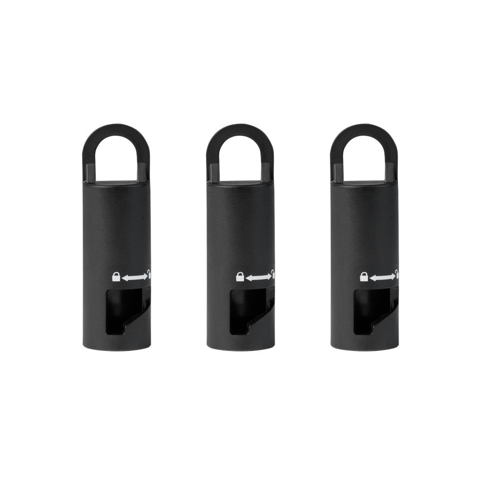 Three black cylindrical QUIK-LOK attachment hangers with arched tops and slot openings.