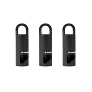 Three black cylindrical QUIK-LOK attachment hangers with arched tops and slot openings.