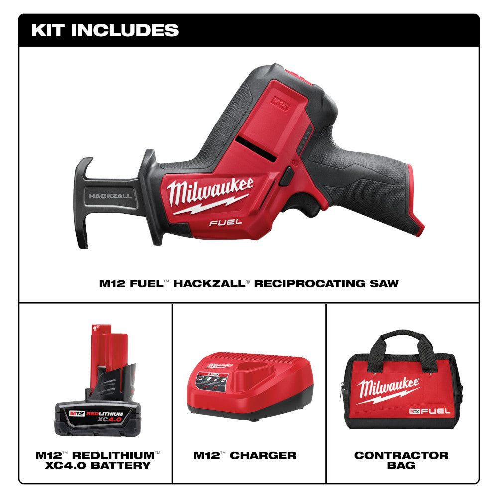 Milwaukee M12 FUEL reciprocating saw kit with red and black saw, battery, charger, and contractor bag.