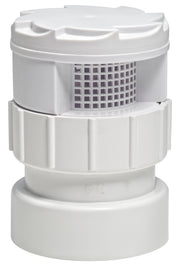 White plastic air admittance valve with grid vent openings and threaded 2 inch combo adapter base.