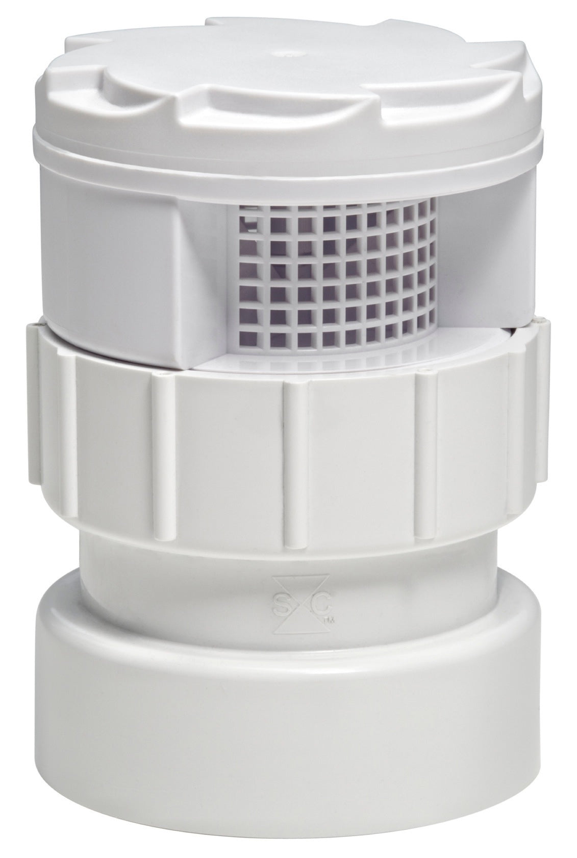 White plastic air admittance valve with grid vent openings and threaded 2 inch combo adapter base.