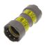 Silver cylindrical metal coupling with yellow label and threaded ends.