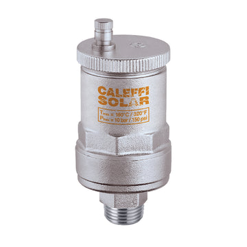 Caleffi solar air vent with 1/2" NPT threaded connections, cylindrical metal body with ridged cap and vent valve on top.