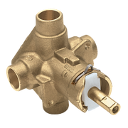 Brass pressure balancing valve with multiple connection ports and brass handle lever.