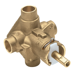 Brass pressure balancing valve with multiple connection ports and brass handle lever.