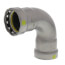 Viega MegaPressG 1" steel 90-degree elbow with zinc-nickel coating, gray metallic finish, side view.