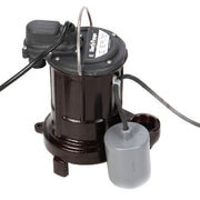 Black cylindrical submersible pump with gray wide-angle float switch, power cord, and discharge hose attached.