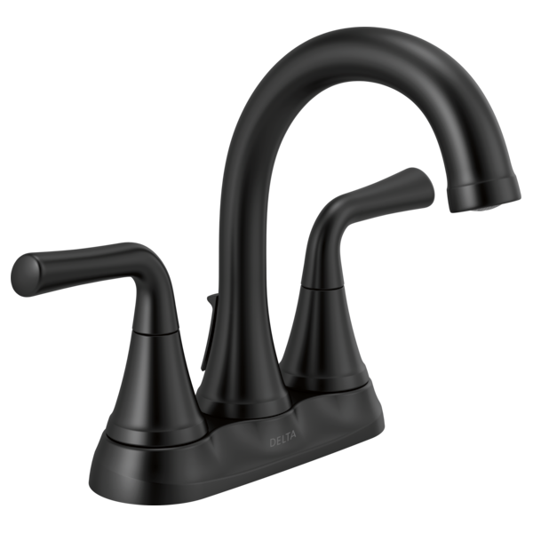 Black two-handle centerset bathroom faucet with curved spout and cone-shaped handles on deck base.