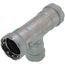 Viega MegaPress carbon steel tee fitting with zinc-nickel coating and three 1-inch connection ports.