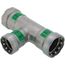 Viega MegaPress carbon steel tee fitting with zinc-nickel coating and three 1" press connections arranged in T-shape.