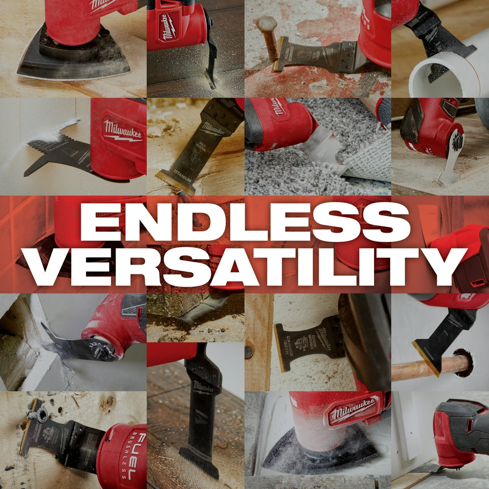 Red Milwaukee OPEN-LOK modular oscillating blade case with various blade attachments shown in use on different materials and 