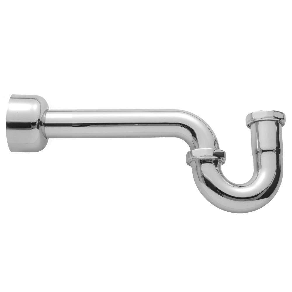 Polished chrome P-trap with round box escutcheon and extended horizontal arm for sink drain installation.