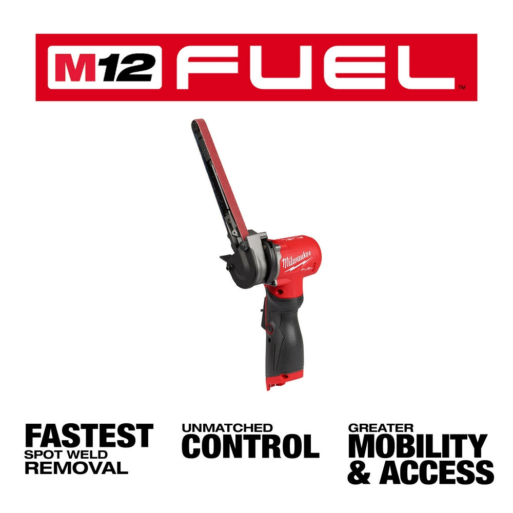 Red and black Milwaukee M12 FUEL cordless bandfile with 1/2" x 18" sanding belt attachment.
