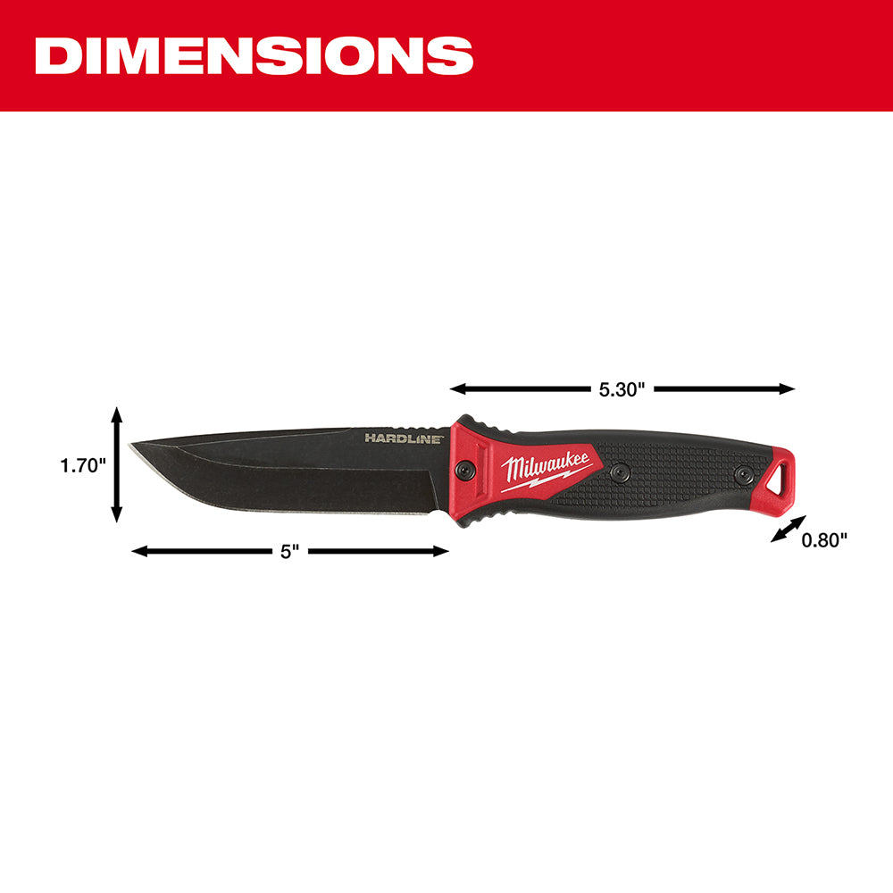 Milwaukee HARDLINE fixed blade knife with black blade and red handle with logo displayed with dimensions labeled.