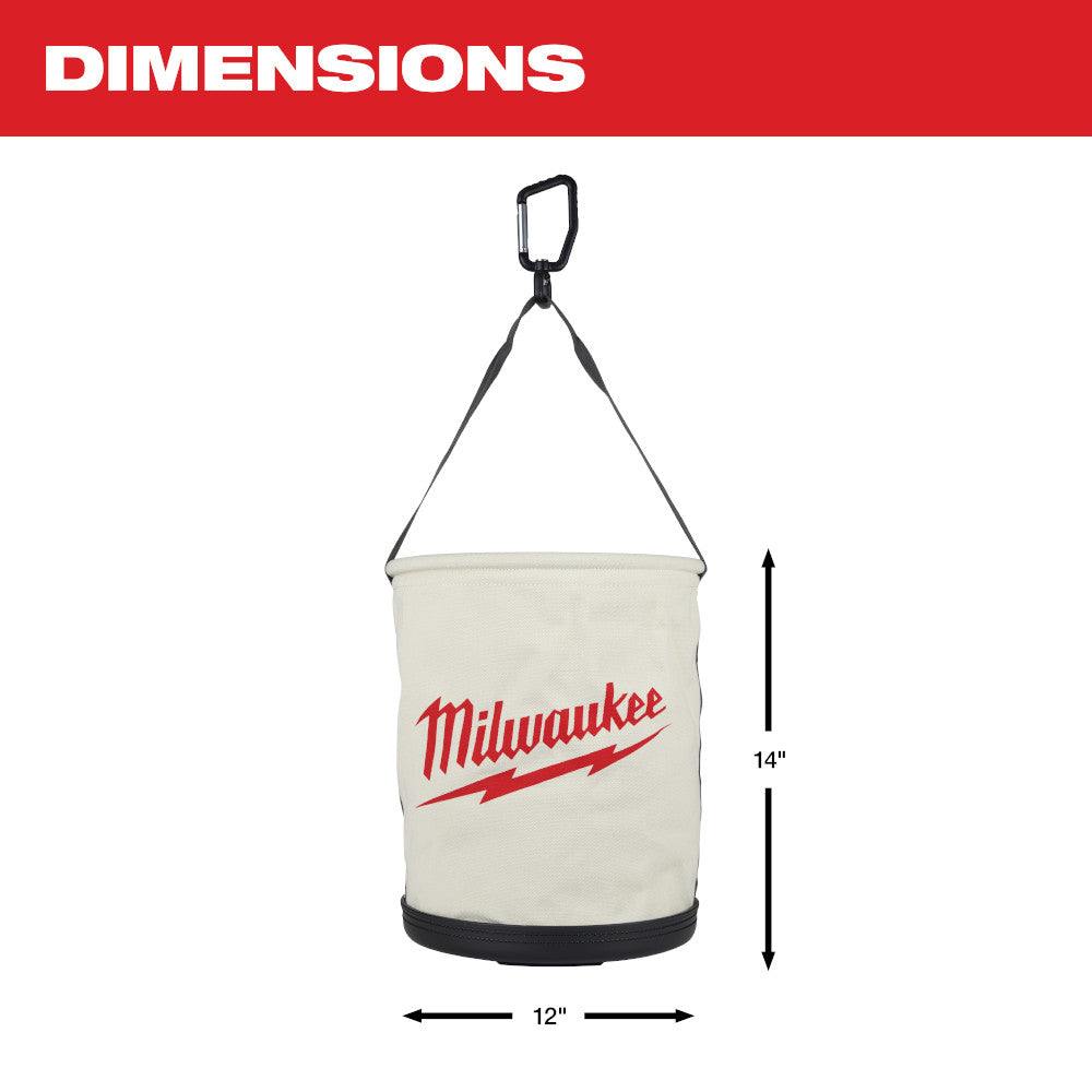 Canvas utility bucket with Milwaukee logo, black handles and base, 12" diameter by 14" height.