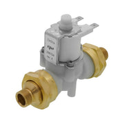 Gray and brass solenoid valve with cylindrical coil housing and two threaded brass adapter connections.